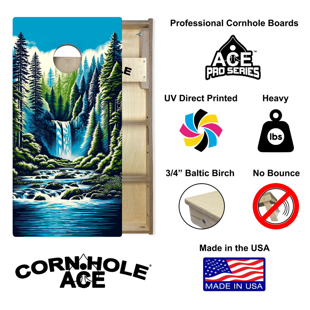 Mountain Forest Waterfall - Cornhole Board Set - Professional