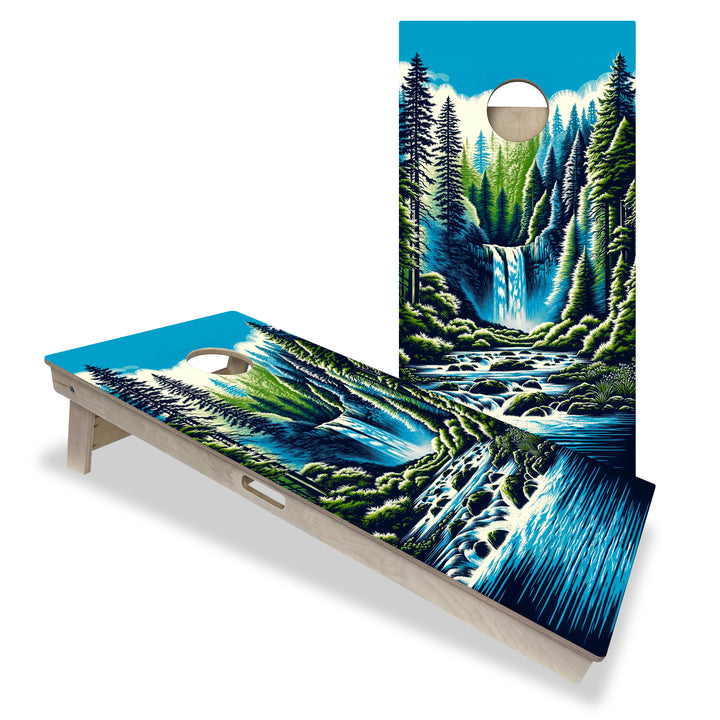 Mountain Forest Waterfall - Cornhole Board Set - Professional