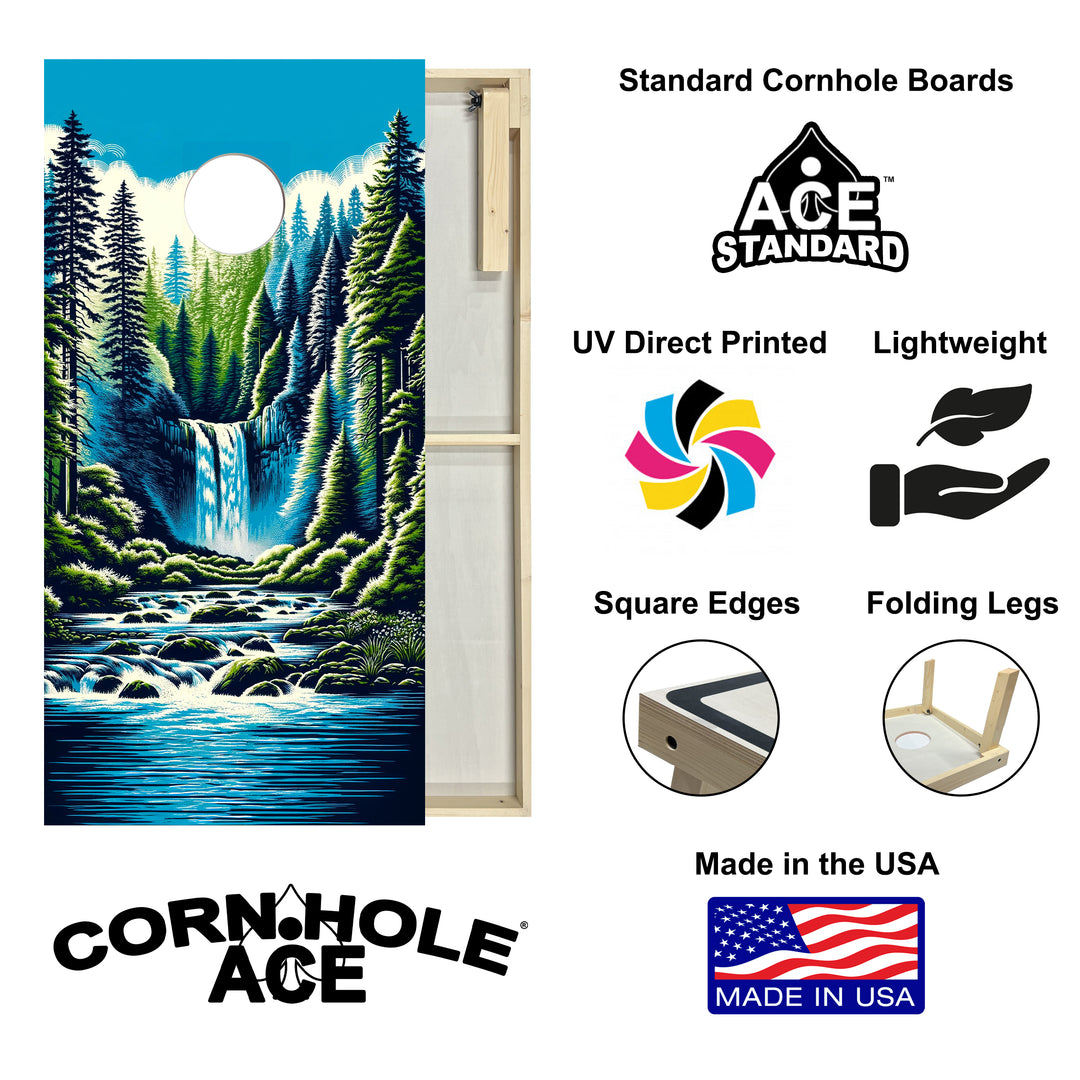 Mountain Forest Waterfall - Cornhole Board Set - Standard