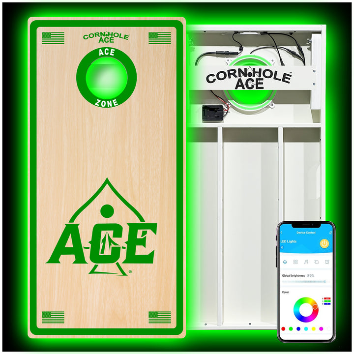 ACE Zone - Green - Cornhole Board Set - All Weather - With Pro Light Kit