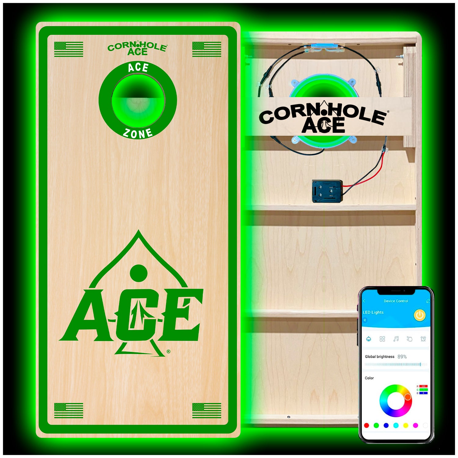 ACE Zone - Green Cornhole Board Set | Professional with Pro Light