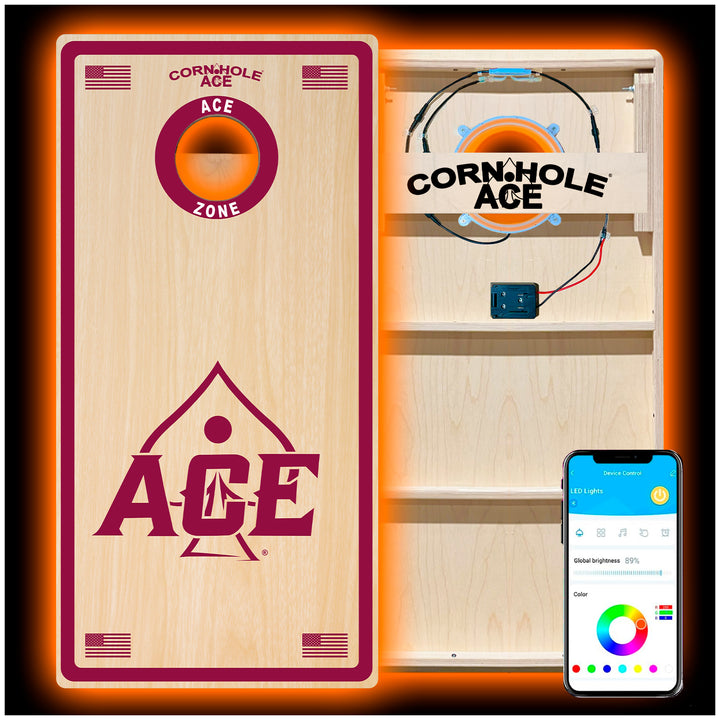 ACE Zone - Maroon - Cornhole Board Set - Professional - With Pro Light Kit