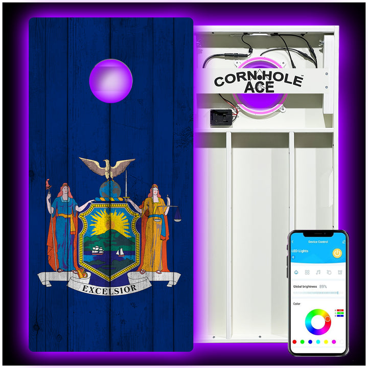 New York State Flag - Cornhole Board Set - All Weather - With Pro Light Kit
