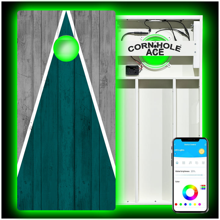 Philadelphia Tailgate Triangle Design (Green and Silver) - Cornhole Board Set - All Weather - With Pro Light Kit