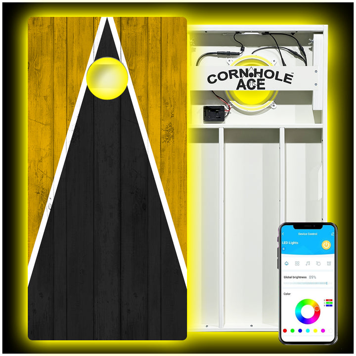 Pittsburgh Tailgate Triangle Design (Black and Yellow) - Cornhole Board Set - All Weather - With Pro Light Kit