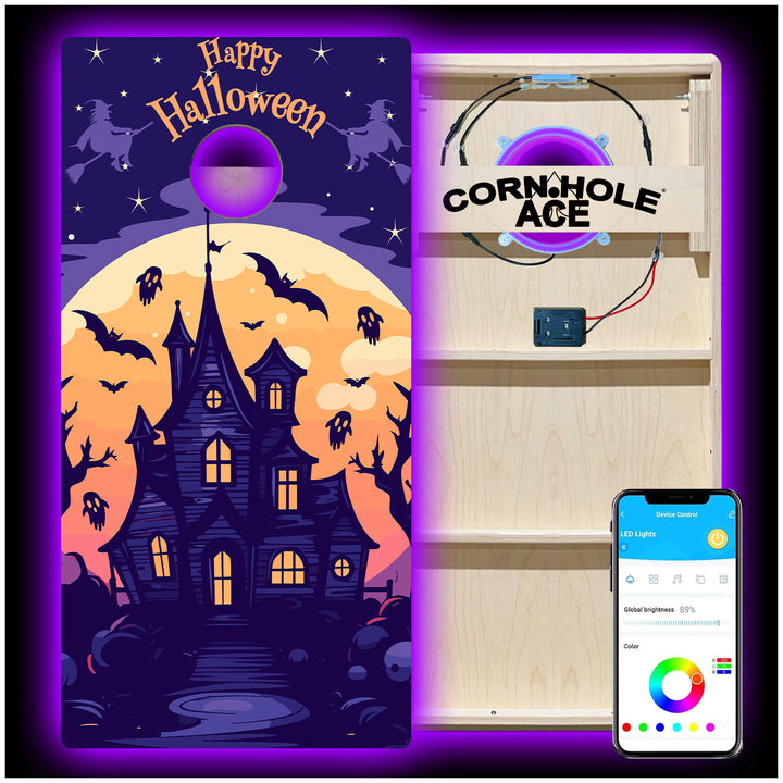 Purple Haunted House - Cornhole Board Set - Professional - With Pro Light Kit