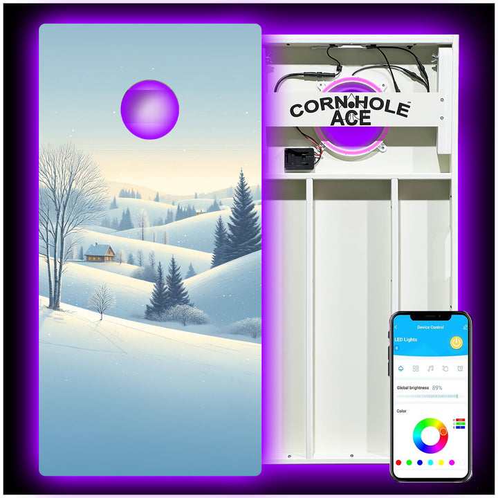 Snowy Hillside Cabin - Cornhole Board Set - All Weather - With Pro Light Kit