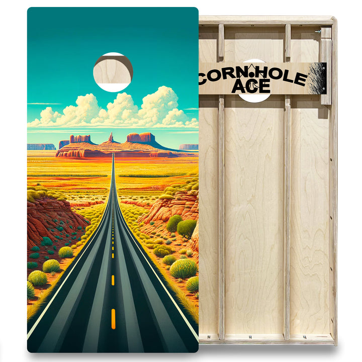 Sunlit Desert Road - Cornhole Board Set - Elite