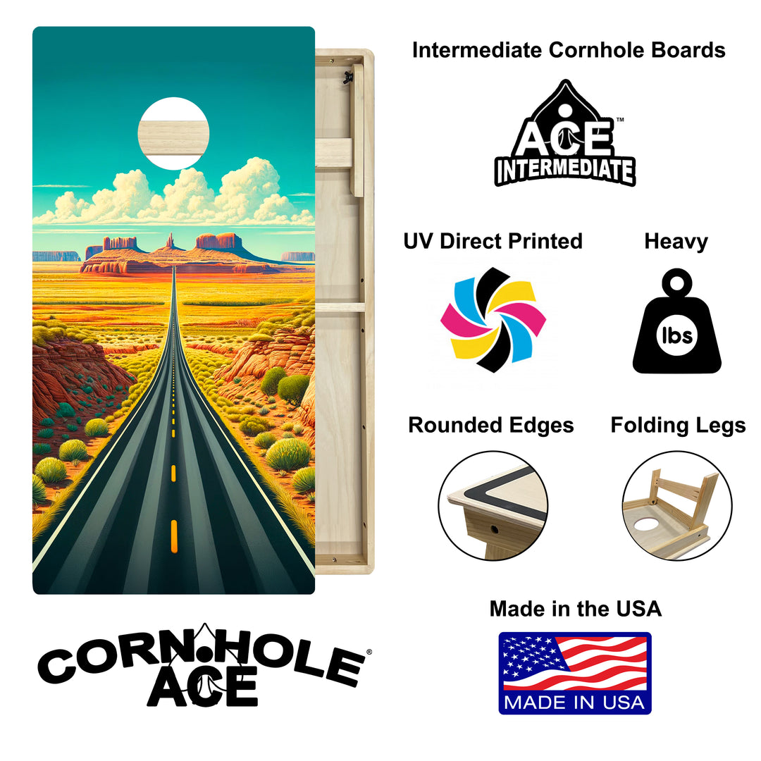 Sunlit Desert Road - Cornhole Board Set - Intermediate