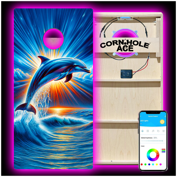 Sunrise Dolphin - Cornhole Board Set - Professional - With Pro Light Kit
