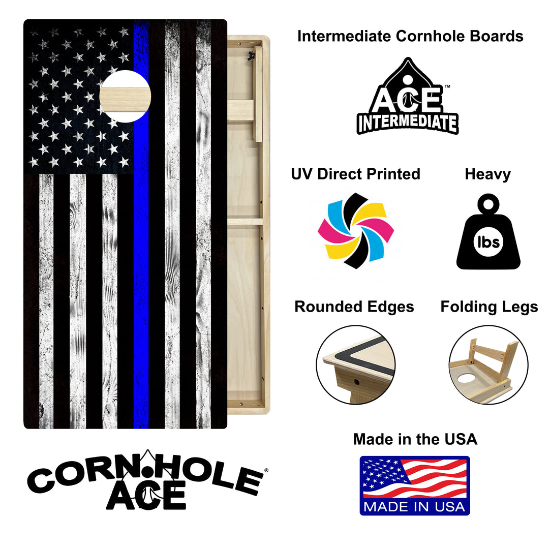 Thin Blue Line Police Flag - Cornhole Board Set - Intermediate