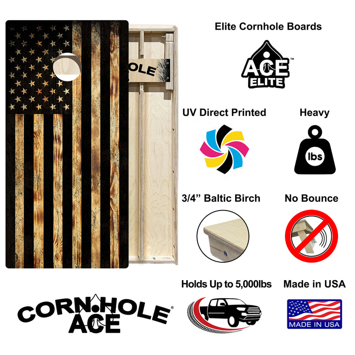 USA Flag Burnt Wood - Cornhole Board Set - Elite