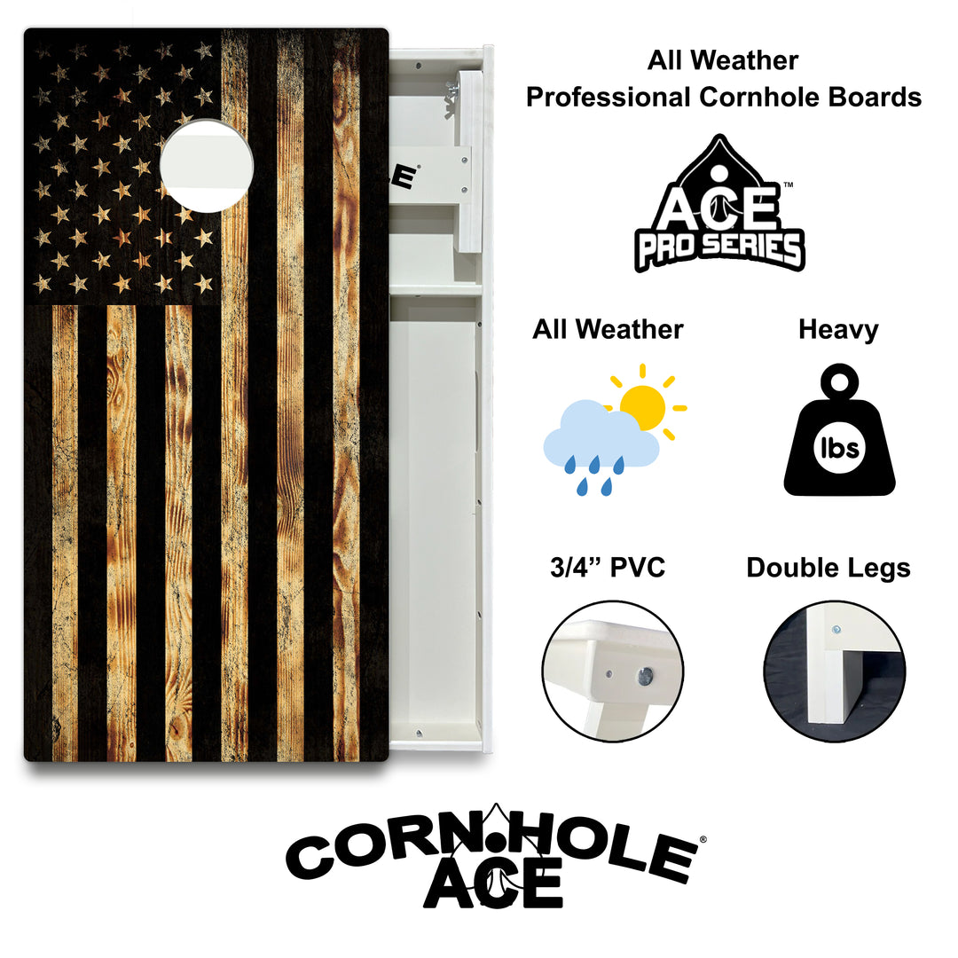 USA Flag Burnt Wood - Cornhole Board Set - All Weather