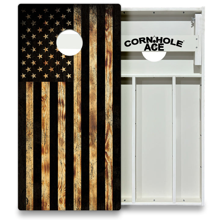 USA Flag Burnt Wood - Cornhole Board Set - All Weather