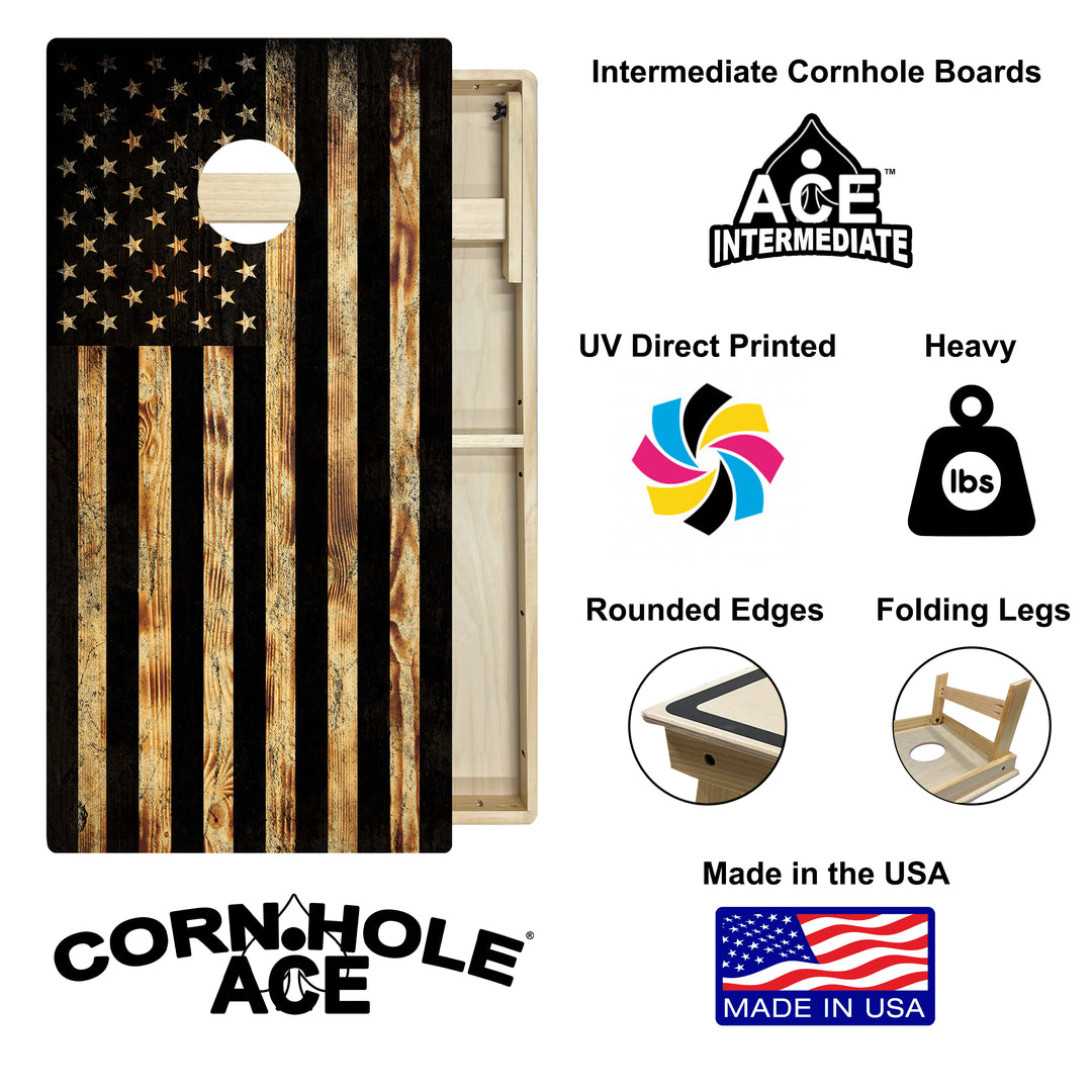 USA Flag Burnt Wood - Cornhole Board Set - Intermediate