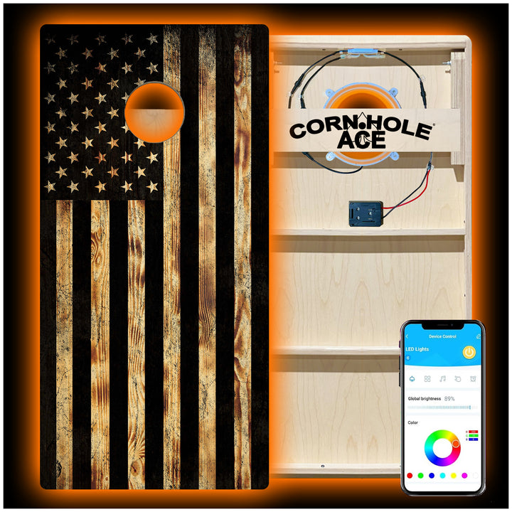 USA Flag Burnt Wood - Cornhole Board Set - Professional - With Pro Light Kit