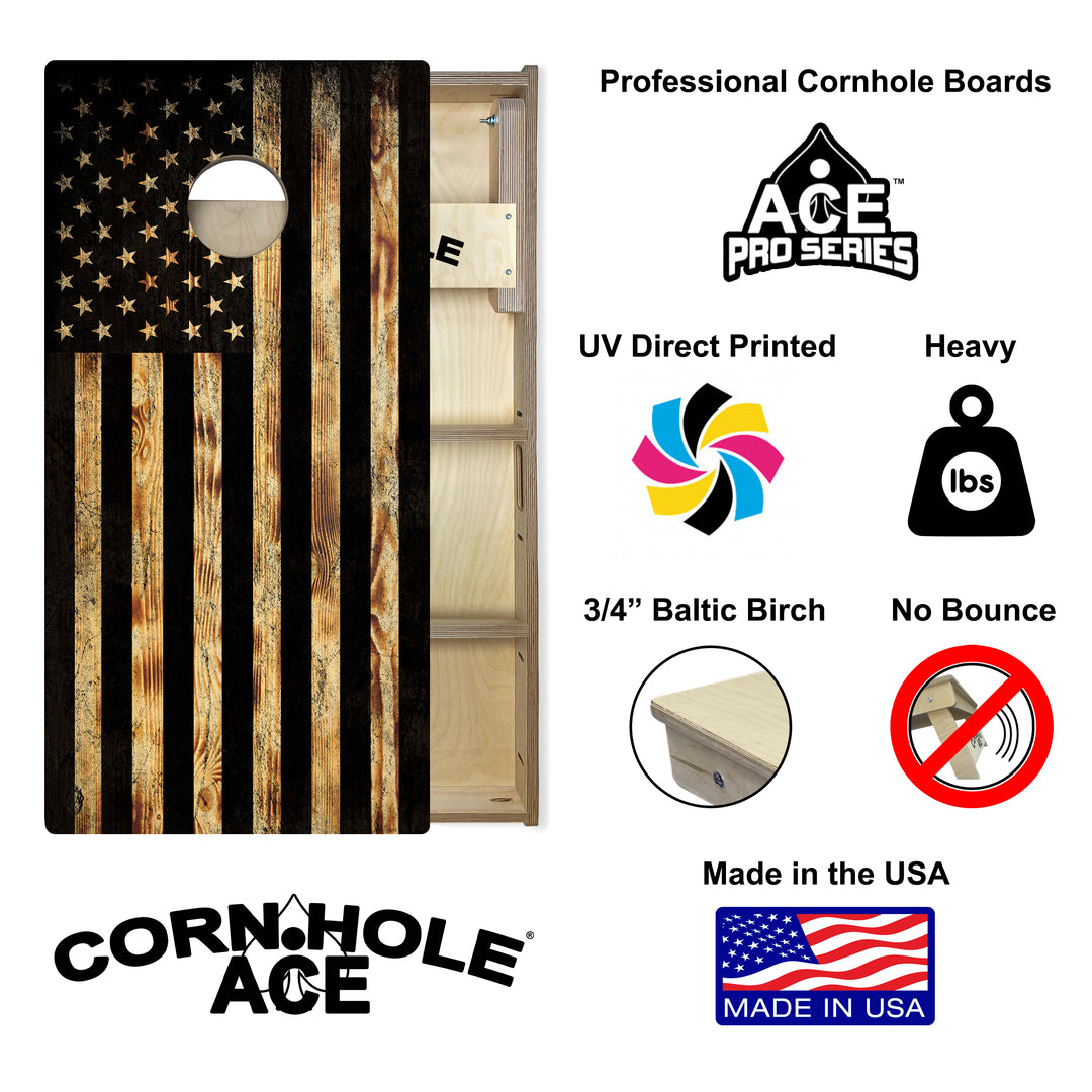 USA Flag Burnt Wood - Cornhole Board Set - Professional