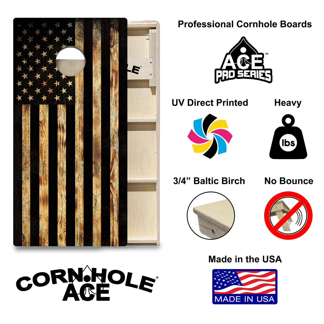 USA Flag Burnt Wood - Cornhole Board Set - Professional