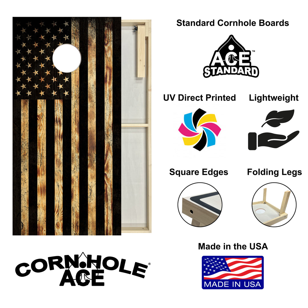 USA Flag Burnt Wood - Cornhole Board Set - Standard