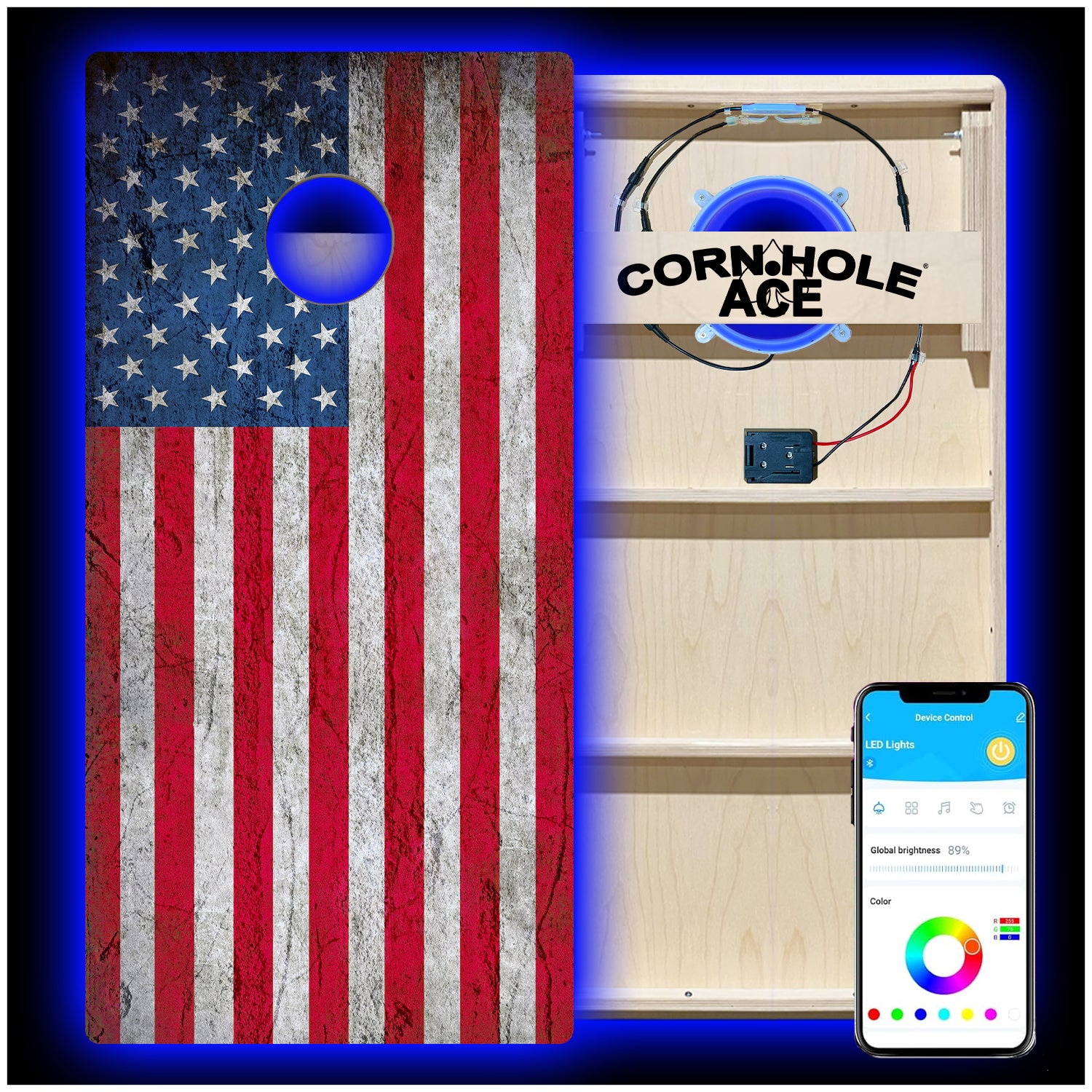 USA Flag Cornhole Board Set | Professional with Pro Light Kit