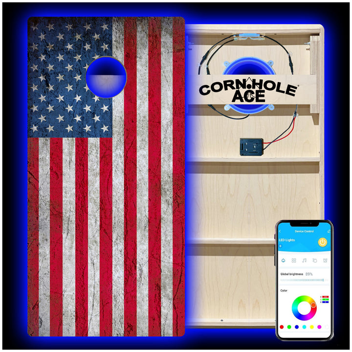 USA Flag - Cornhole Board Set - Professional - With Pro Light Kit