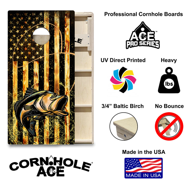 Bass Fishing with USA Flag - Cornhole Board Set - Professional