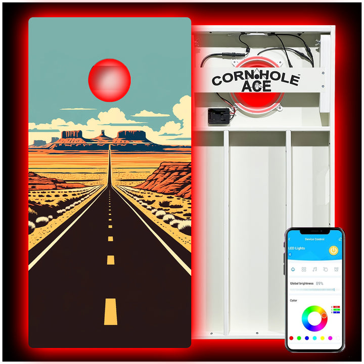 Vintage Desert Highway - Cornhole Board Set - All Weather - With Pro Light Kit