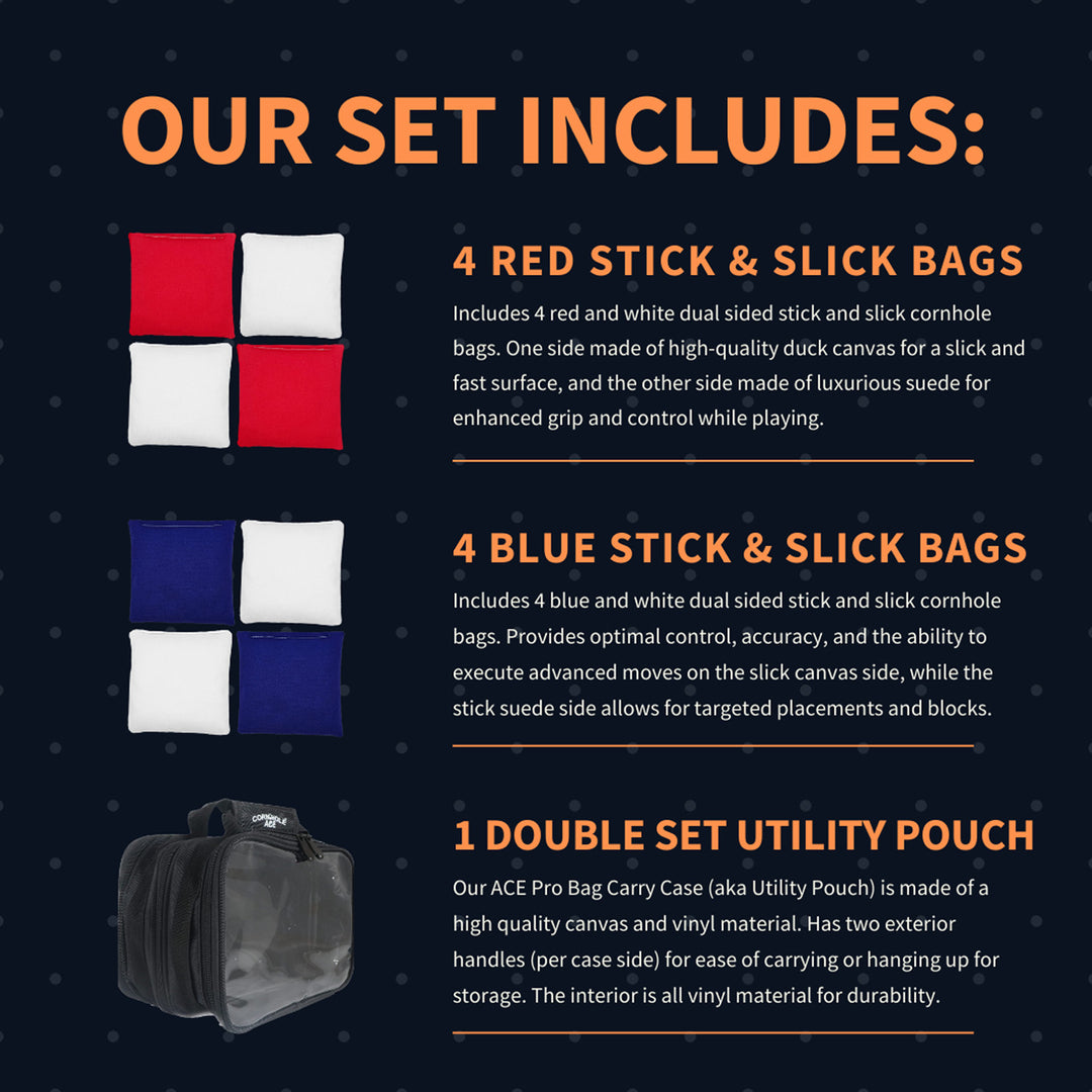 ACE Tournament Series Set of 8 Double Sided Stick and Slick Red and Blue Cornhole Bags - Professional Size & Weight Corn Hole Bean Bag Set with Carry Case…